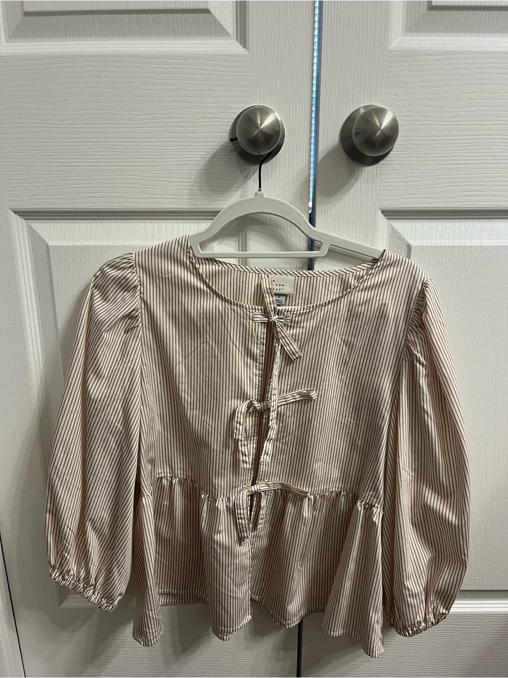 a new day Beige and White Striped Tie-Front Peplum Blouse